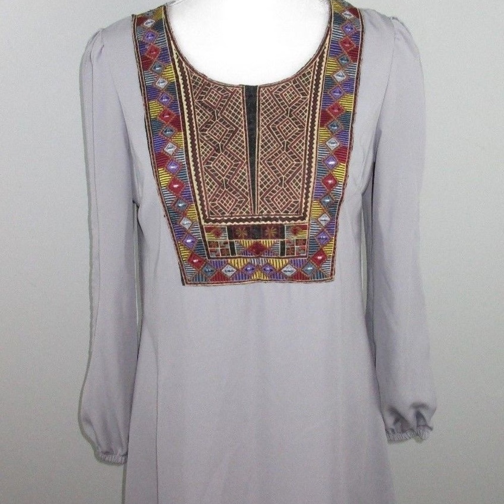 J&M Embroidered Tunic Dress Gray Aztec Print